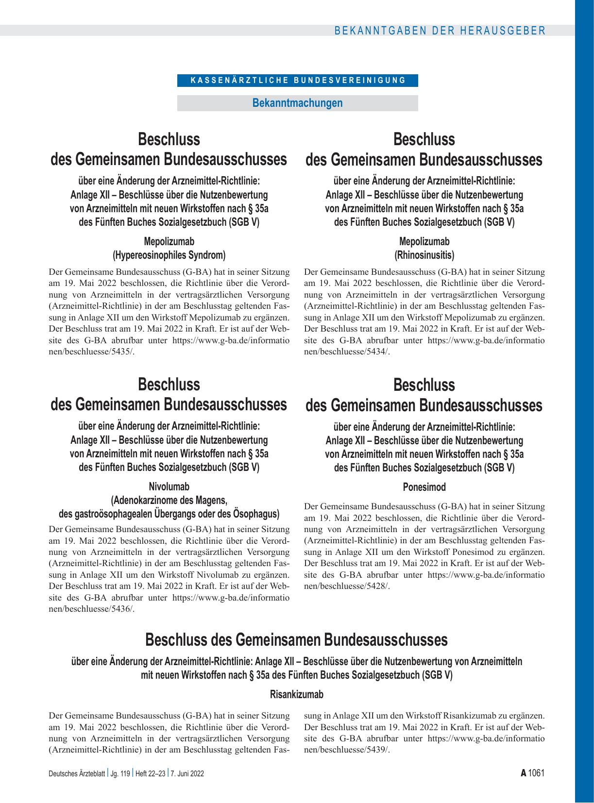 Vorschauseite 1: Beschluss des Gemeinsamen Bundesausschusses über eine Änderung der Arzneimittel-Richtlinie: Ponesimod