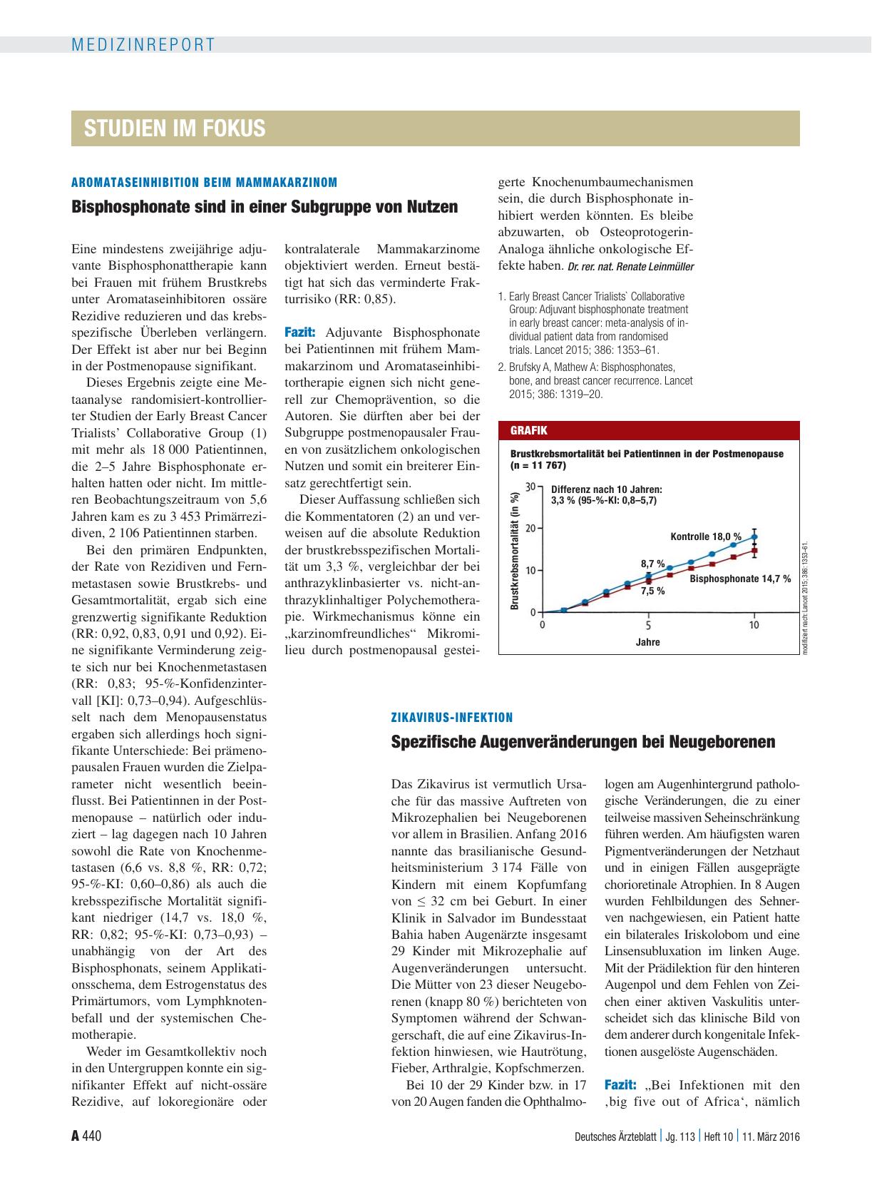 Vorschauseite 1: Aromataseinhibition beim Mammakarzinom: Bisphosphonate sind in einer Subgruppe von Nutzen