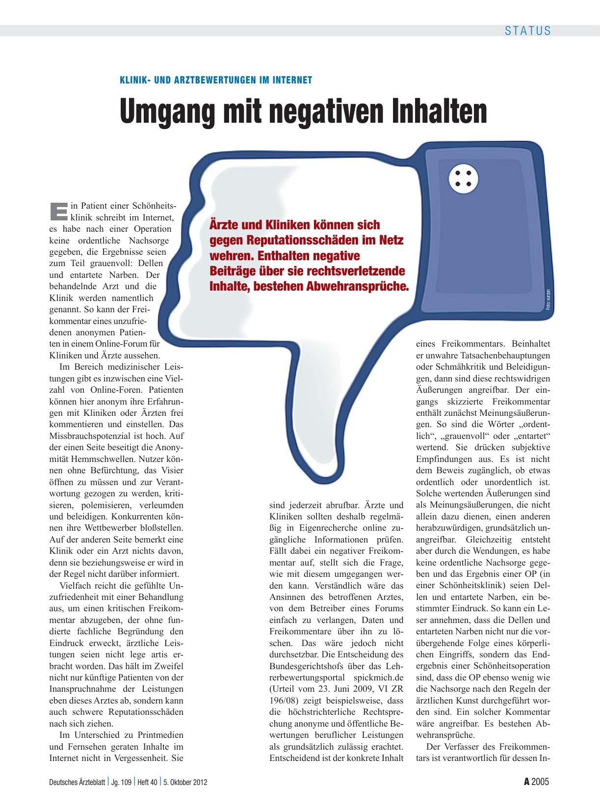 Vorschauseite 1: Klinikund Arztbewertungen im Internet: Umgang mit negativen Inhalten