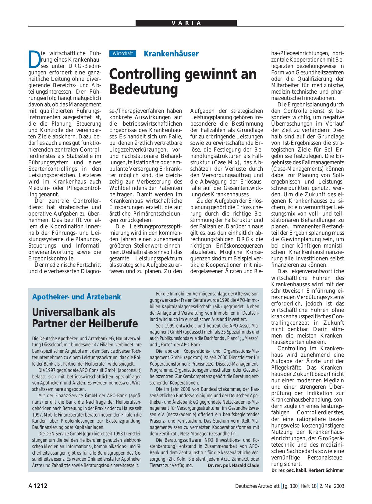 Vorschauseite 1: Krankenhäuser: Controlling gewinnt an Bedeutung