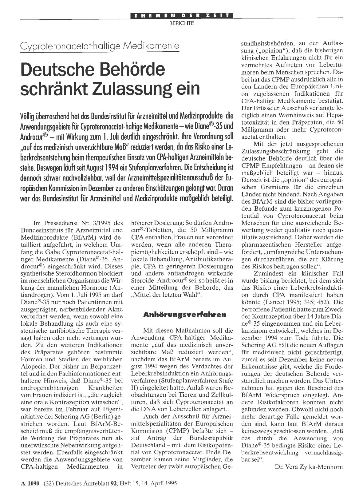 Vorschauseite 1: Cyproteronacetat-haltige Medikamente: Deutsche Behörde schränkt Zulassung ein