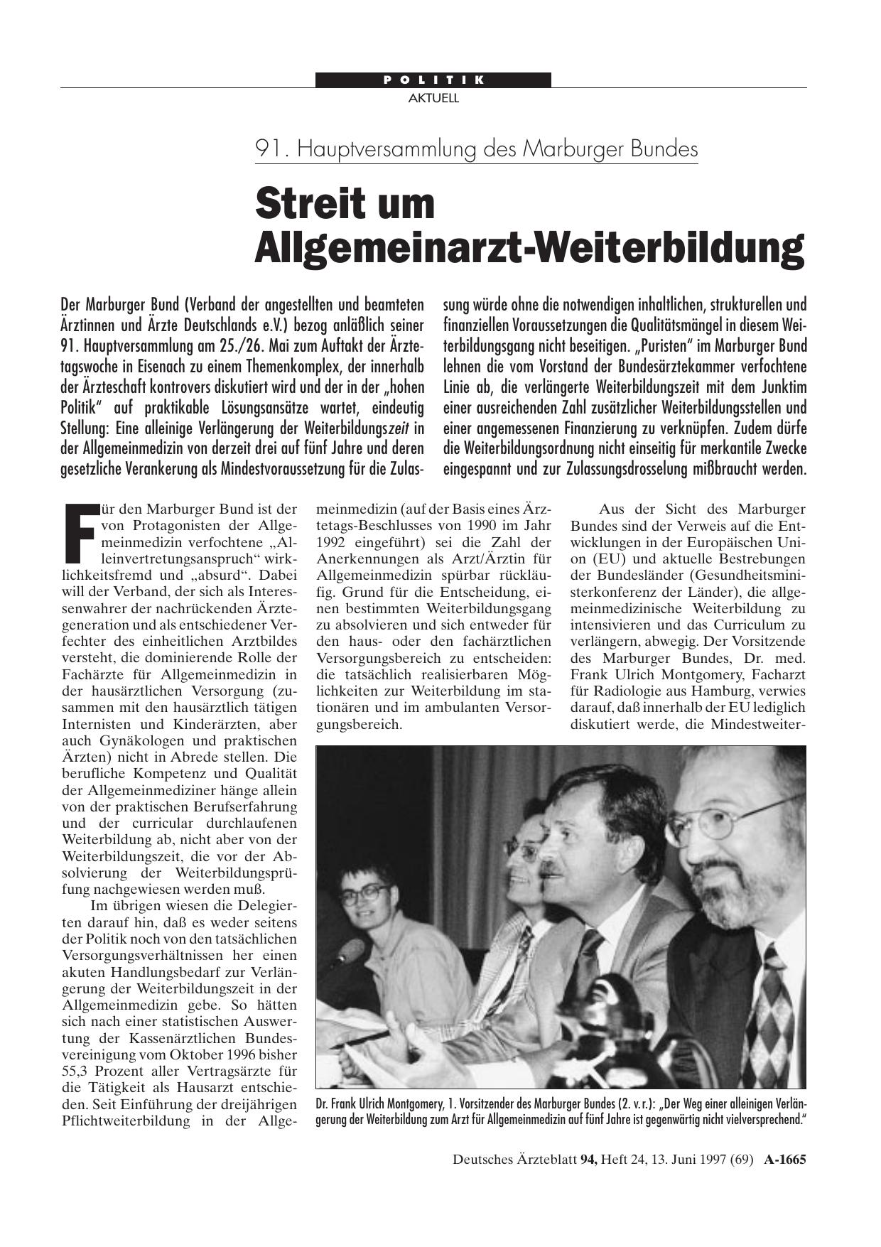 Vorschauseite 1: 91. Hauptversammlung des Marburger Bundes: Streit um Allgemeinarzt-Weiterbildung