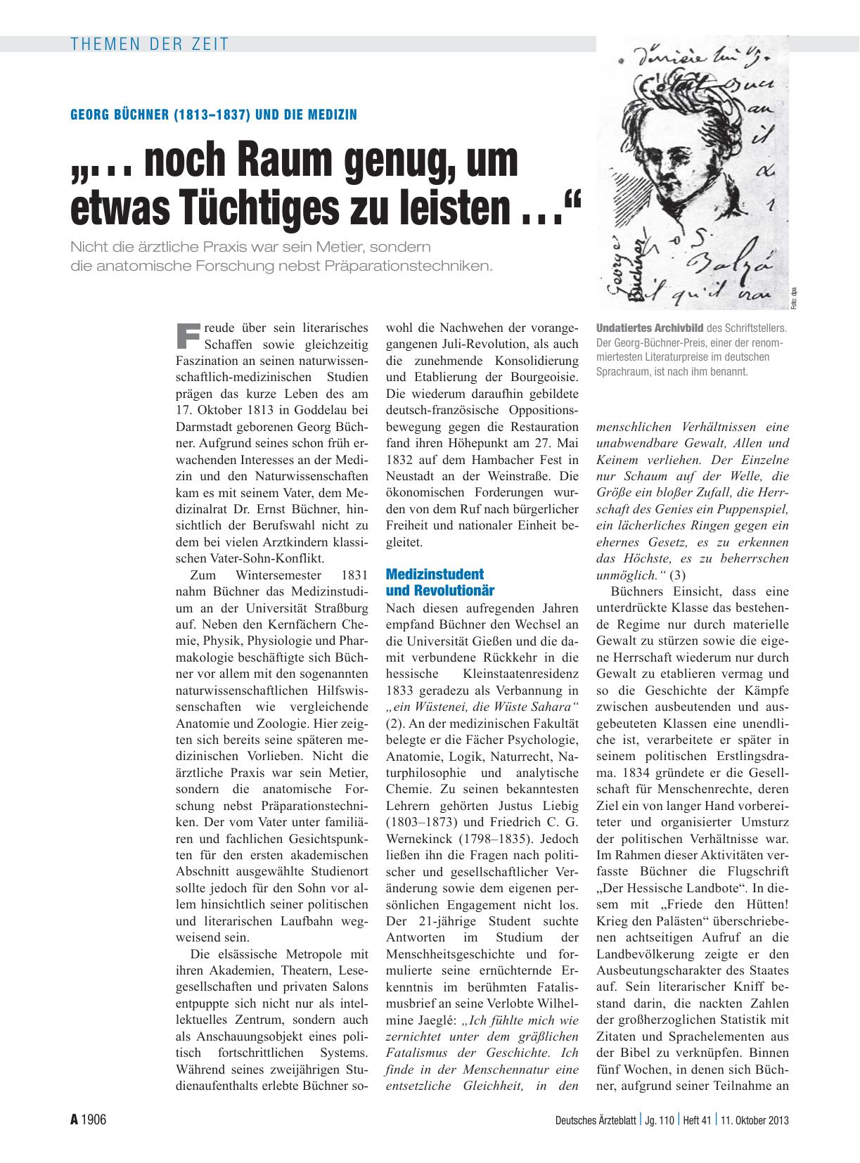 Vorschauseite 1: Georg Büchner (1813–1837) und die Medizin: „. . . noch Raum genug, um etwas Tüchtiges zu leisten . . .“