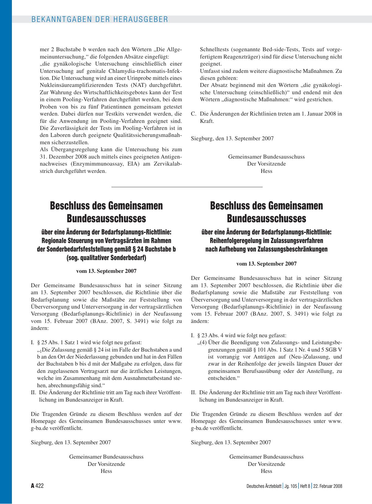 Vorschauseite 1: Beschluss des Gemeinsamen Bundesausschusses über eine Änderung der Bedarfsplanungs-Richtlinie: Reihenfolgeregelung im Zulassungsverfahren nach Aufhebung von Zulassungsbeschränkung…