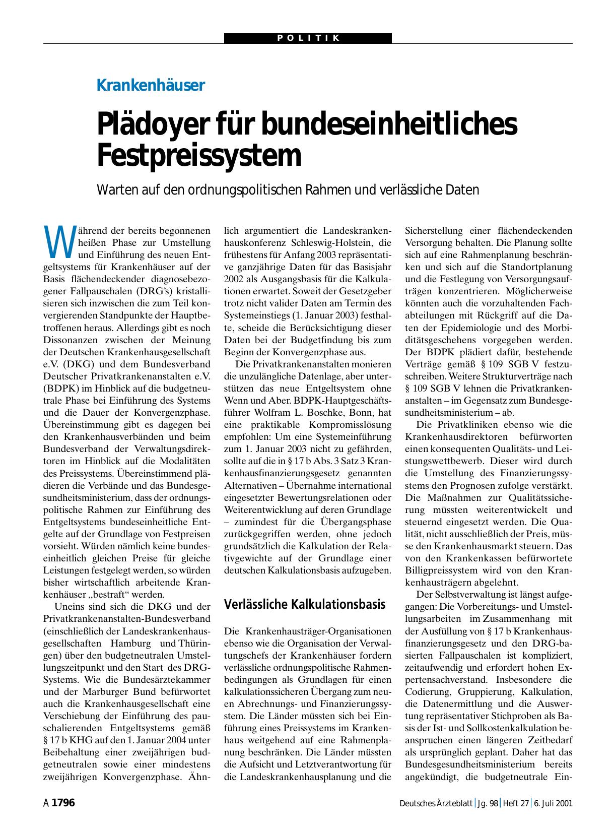 Vorschauseite 1: Krankenhäuser: Plädoyer für bundeseinheitliches Festpreissystem