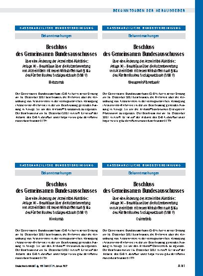 Vorschauseite 1: Beschluss des Gemeinsamen Bundesausschusses über eine Änderung der Arzneimittel-Richtlinie: Elotuzumab