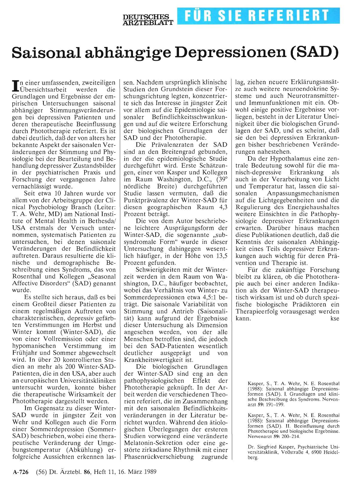 Vorschauseite 1: Saisonal abhängige Depressionen (SAD)