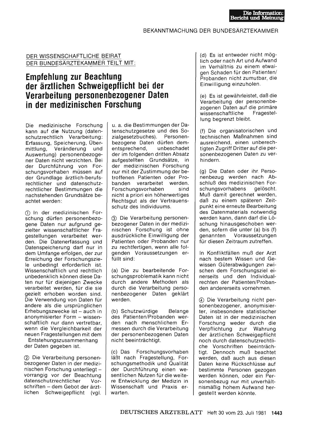 Vorschauseite 1: DER WISSENSCHAFTLICHE BEIRAT DER BUNDESÄRZTEKAMMER TEILT MIT: Empfehlung zur Beachtung der ärztlichen Schweigepflicht bei der Verarbeitung personenbezogener Daten in der medizinis…