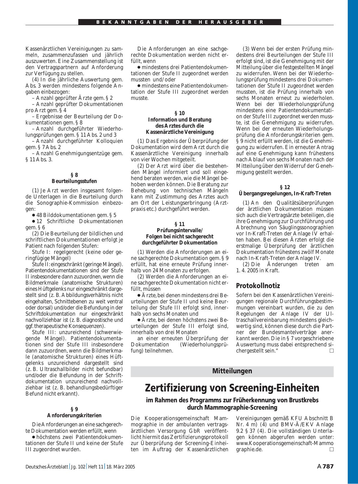 Vorschauseite 1: Mitteilungen: Zertifizierung von Screening-Einheiten im Rahmen des Programms zur Früherkennung von Brustkrebs durch Mammographie-Screening