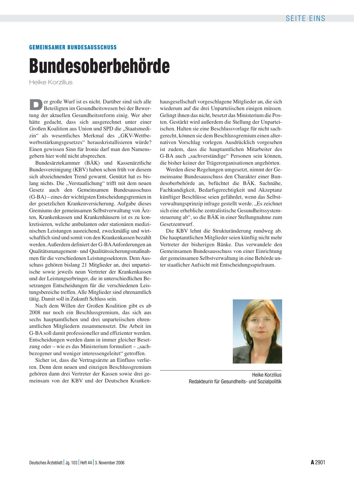 Vorschauseite 1: Gemeinsamer Bundesausschuss: Bundesoberbehörde
