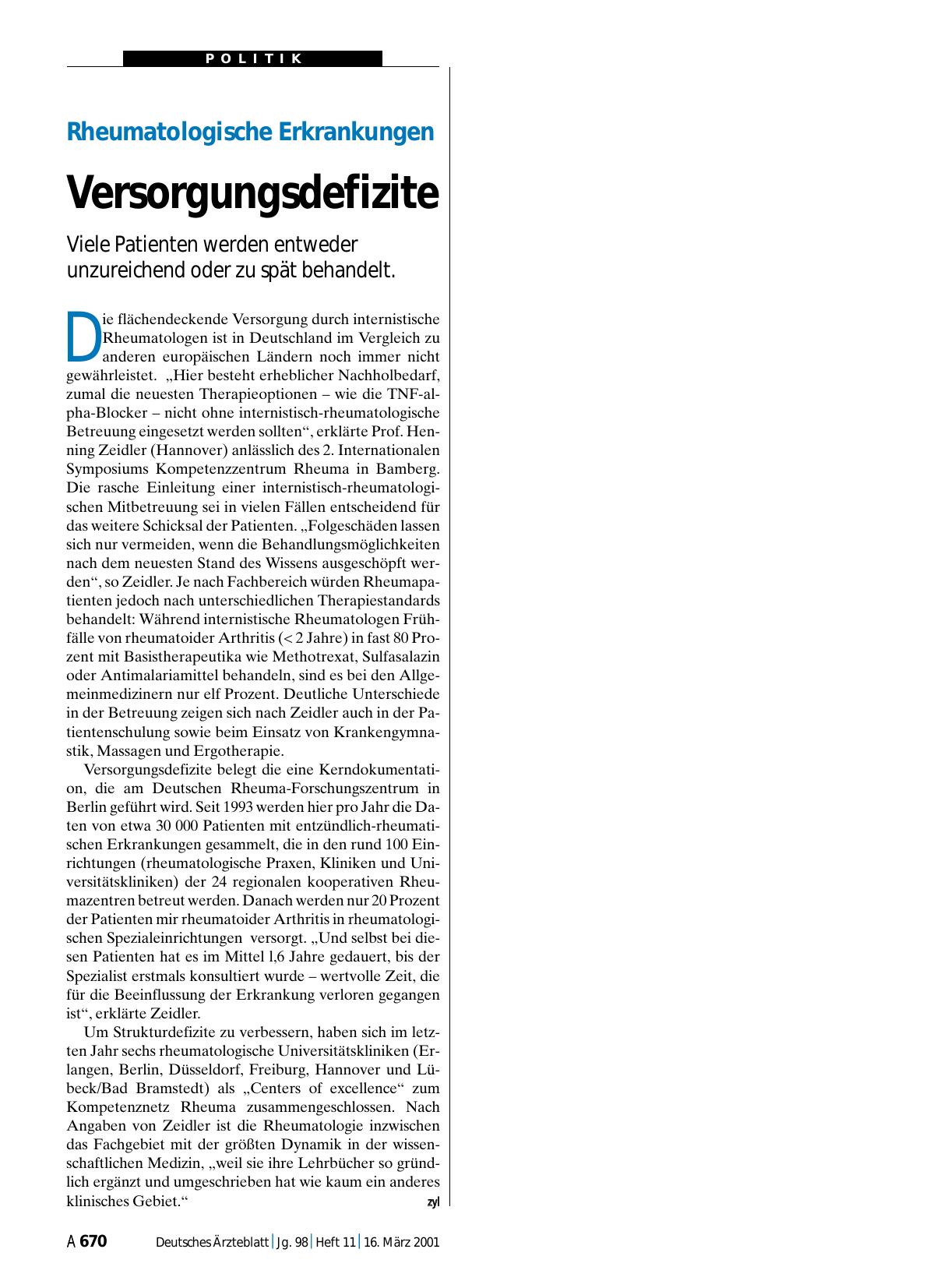 Vorschauseite 1: Rheumatologische Erkrankungen: Versorgungsdefizite