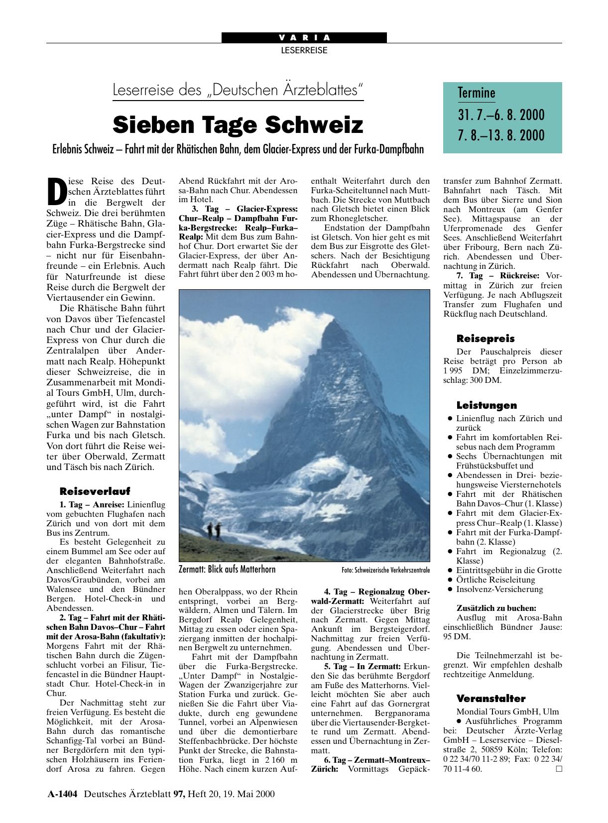 Vorschauseite 1: Leserreise des „Deutschen Ärzteblattes“: Sieben Tage Schweiz