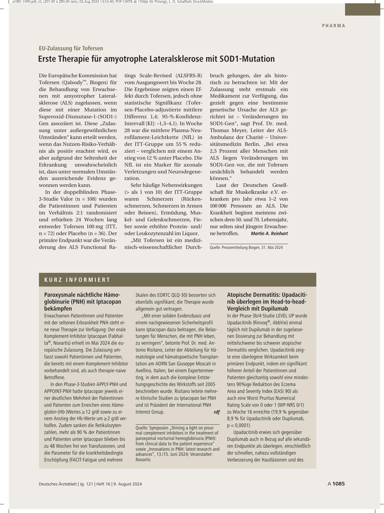Vorschauseite 1: EU-Zulassung für Tofersen: Erste Therapie für amyotrophe Lateralsklerose mit SOD1-Mutation