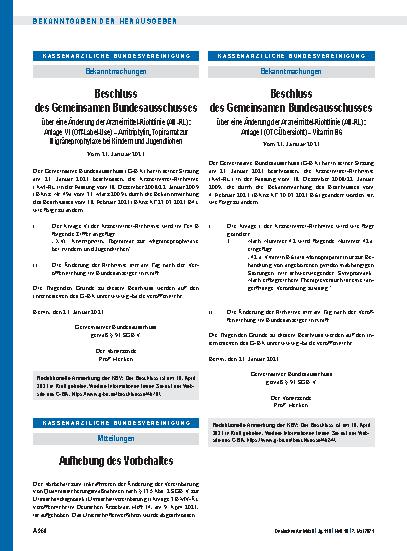 Vorschauseite 1: Beschluss des Gemeinsamen Bundesausschusses über eine Änderung der Arzneimittel-Richtlinie (AM-RL): Anlage I (OTC-Übersicht) – Vitamin B6