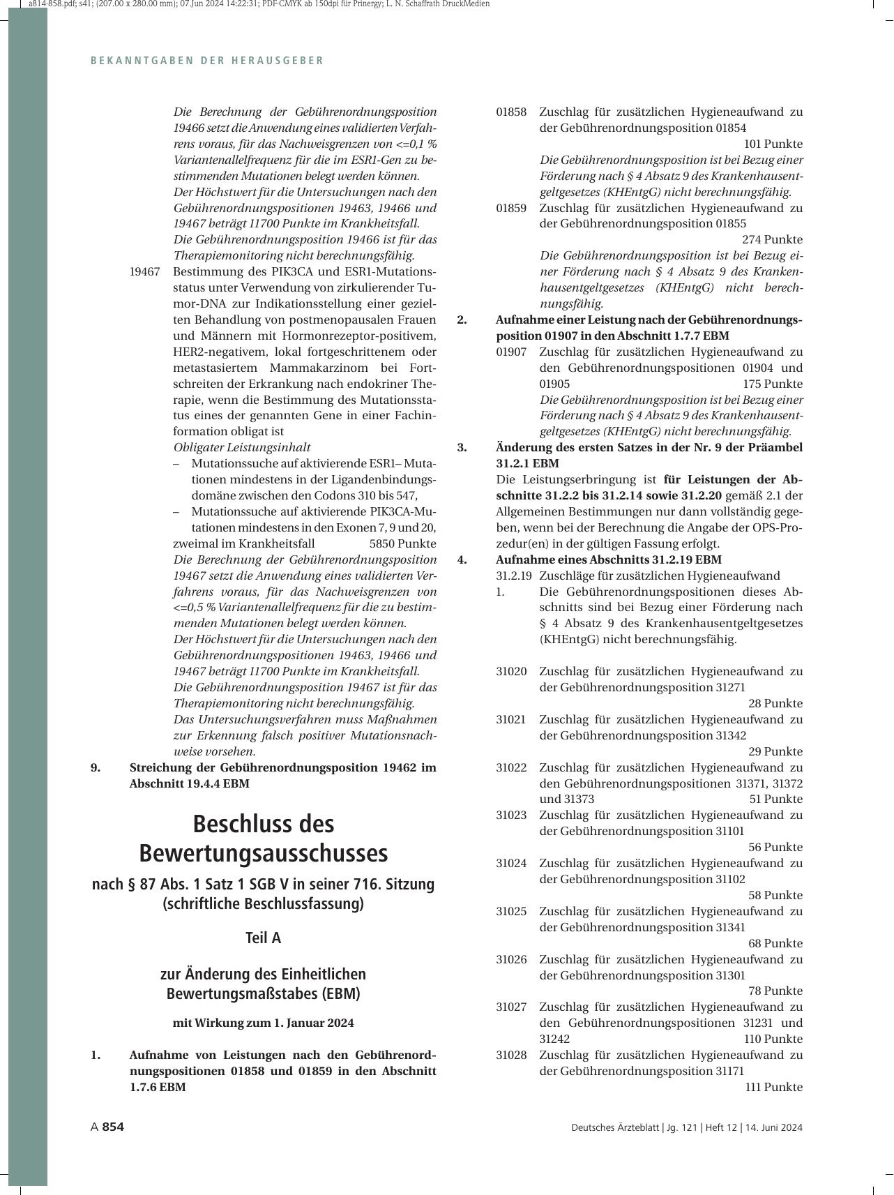 Vorschauseite 1: Beschluss des Bewertungsausschusses nach § 87 Abs. 1 Satz 1 SGB V in seiner 716. Sitzung (schriftliche Beschlussfassung)