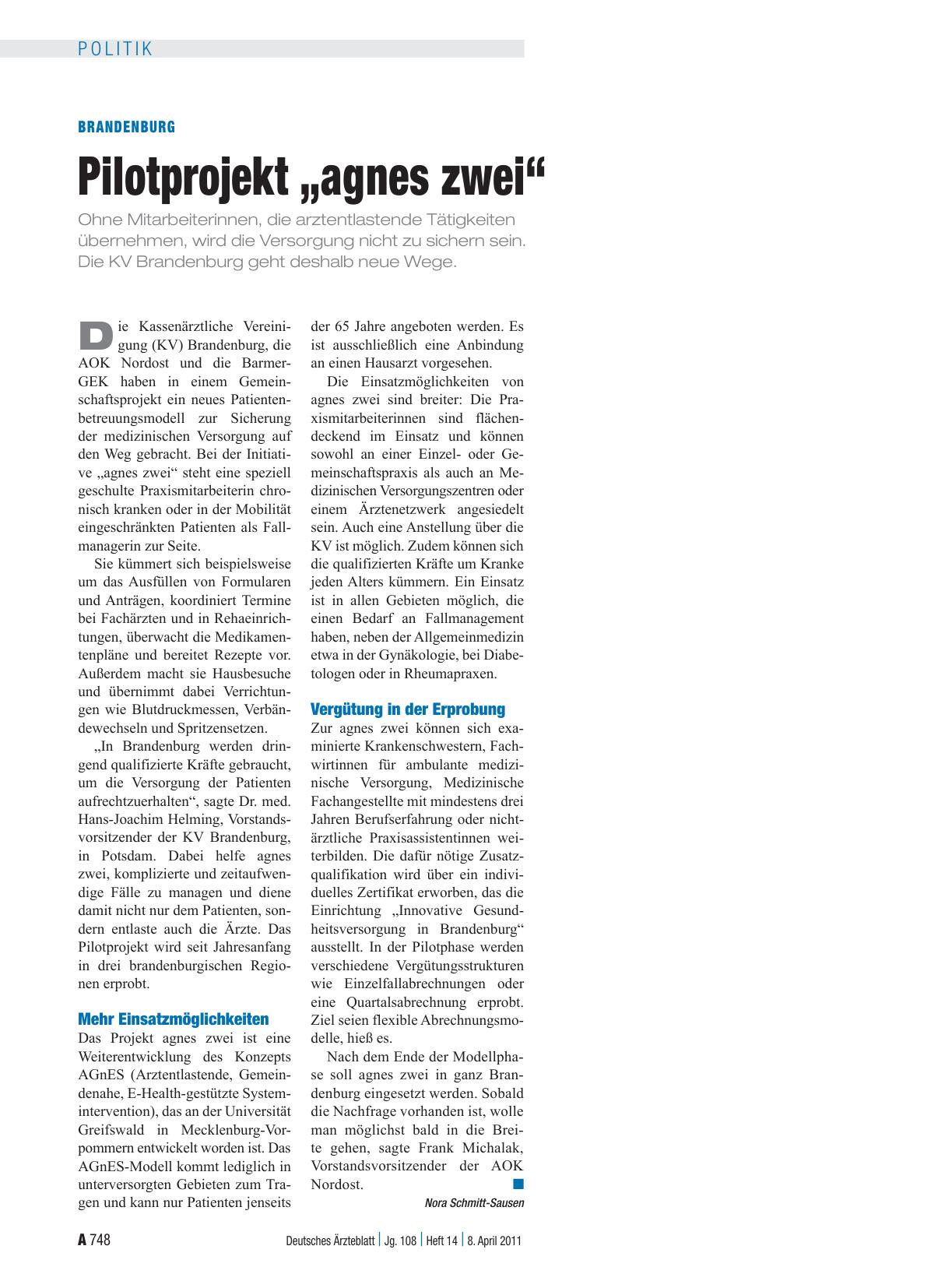 Vorschauseite 1: Brandenburg: Pilotprojekt „agnes zwei“