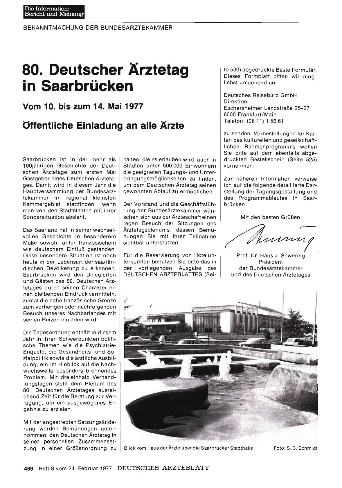 Vorschauseite 1: 80. Deutscher Ärztetag in Saarbrücken: Vom 10. bis zum 14. Mai 1977: Öffentliche Einladung an alle Ärzte (Teil 1)