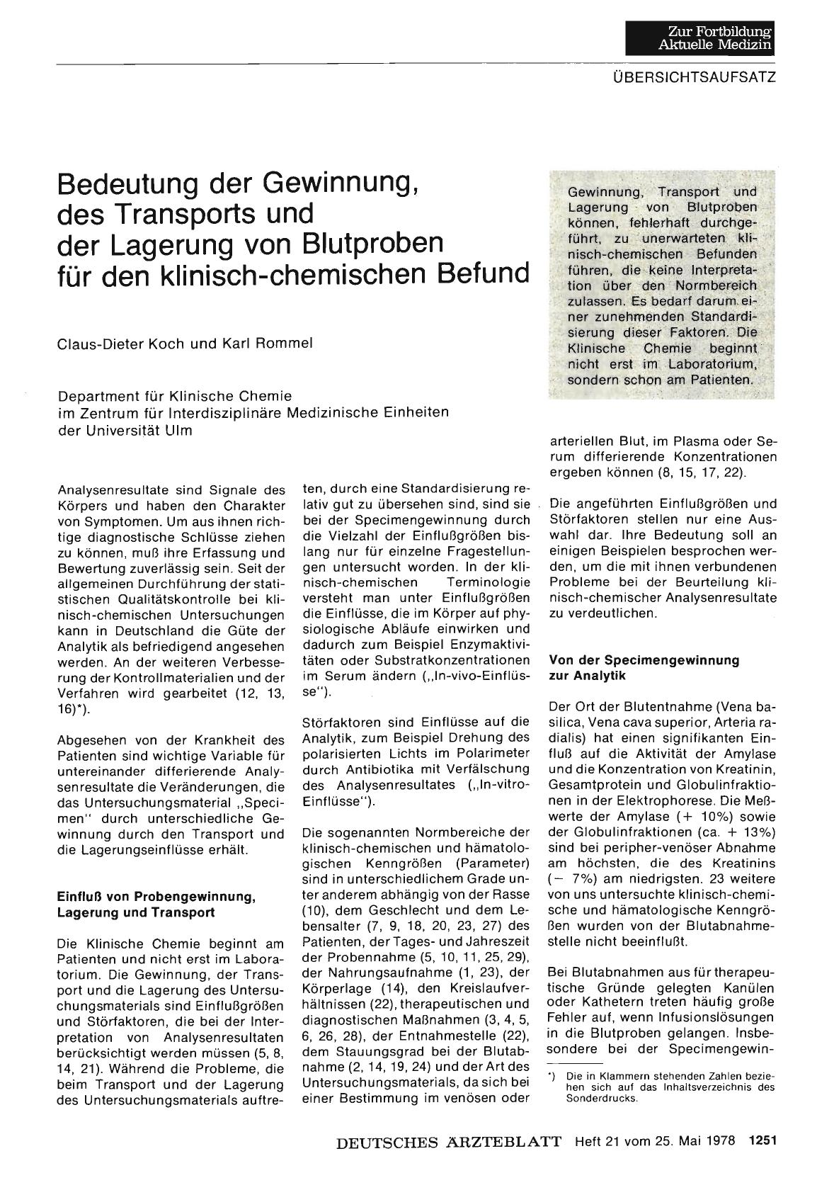 Vorschauseite 1: Bedeutung der Gewinnung, des Transports und der Lagerung von Blutproben für den klinisch-chemischen Befund