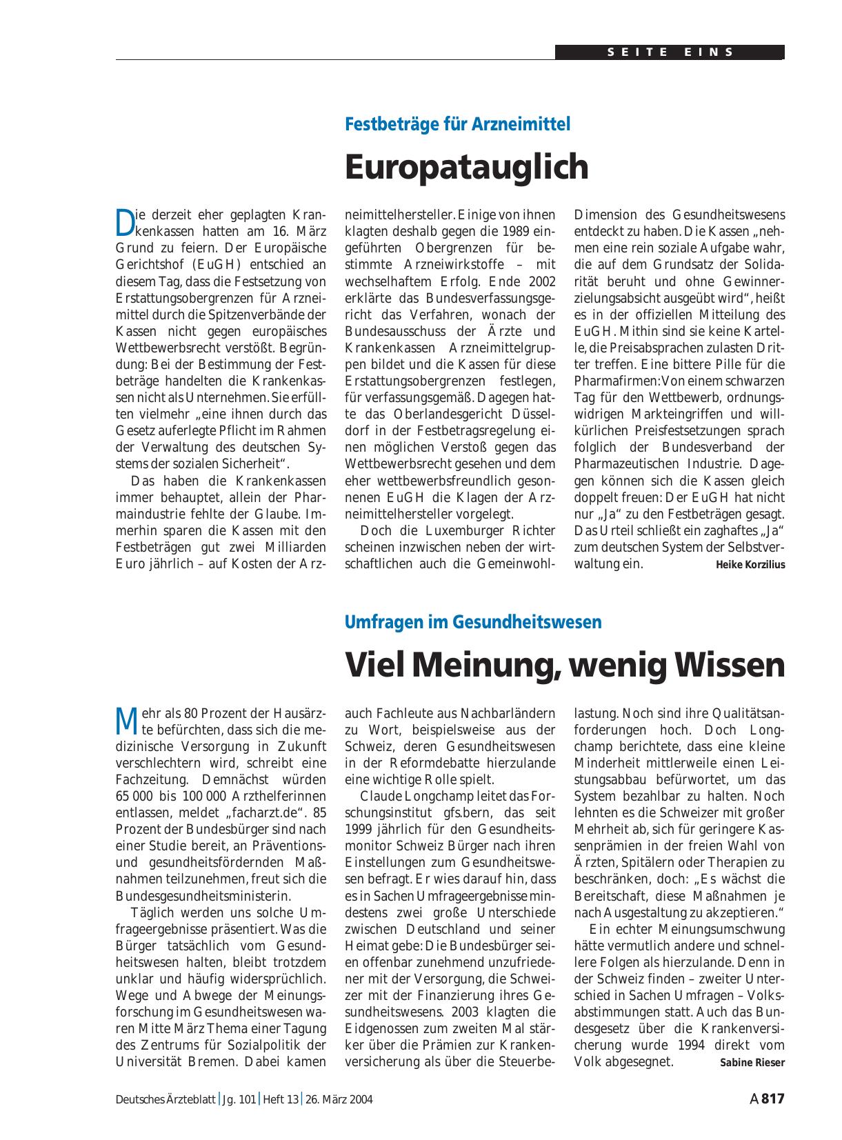 Vorschauseite 1: Festbeträge für Arzneimittel: Europatauglich