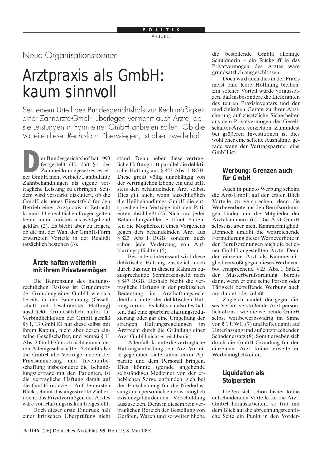 Vorschauseite 1: Neue Organisationsformen – Arztpraxis als GmbH: kaum sinnvoll