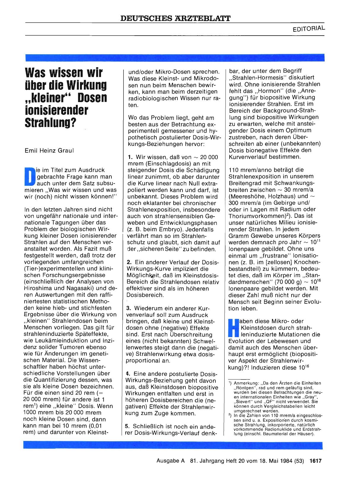 Vorschauseite 1: Was wissen wir über die Wirkung „kleiner“ Dosen ionisierender Strahlung?