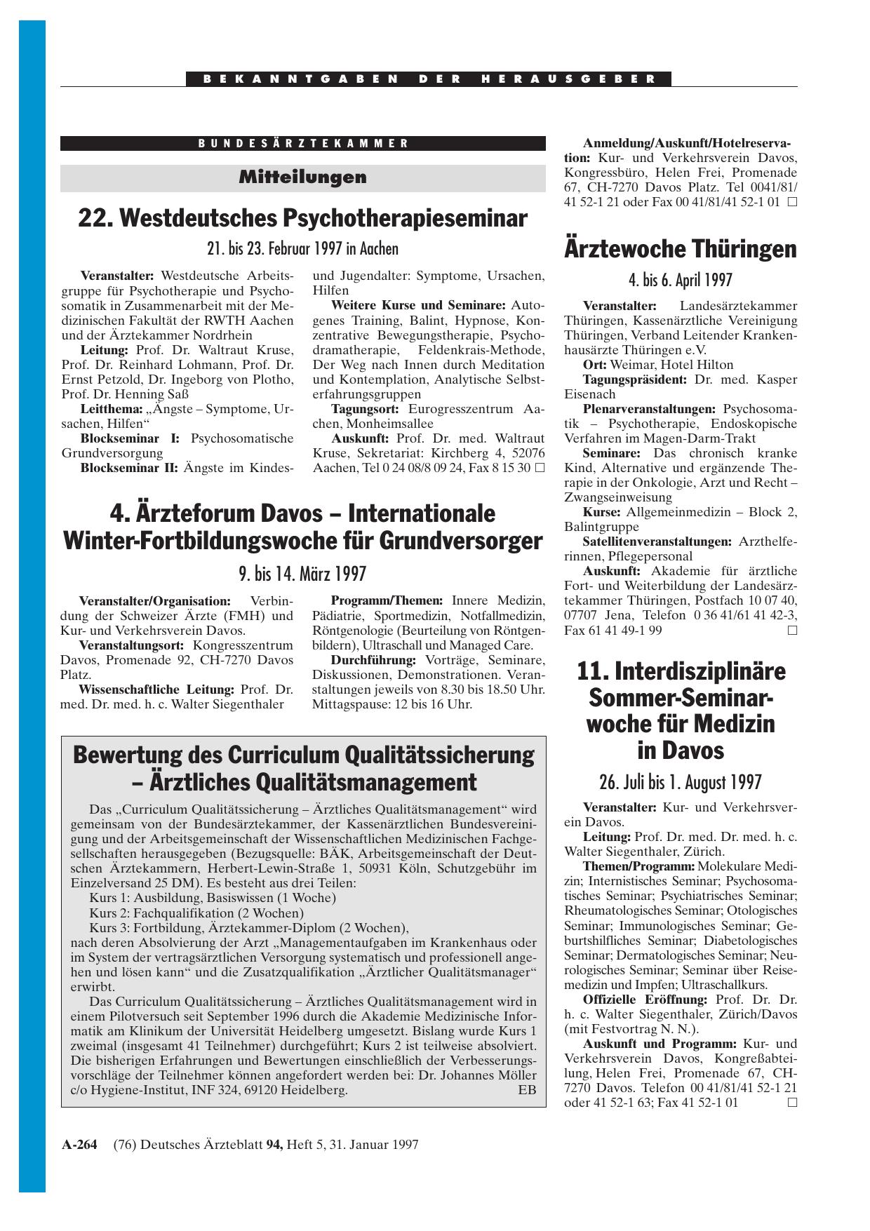 Vorschauseite 1: Mitteilungen: 22. Westdeutsches Psychotherapieseminar 21. bis 23. Februar 1997 in Aachen