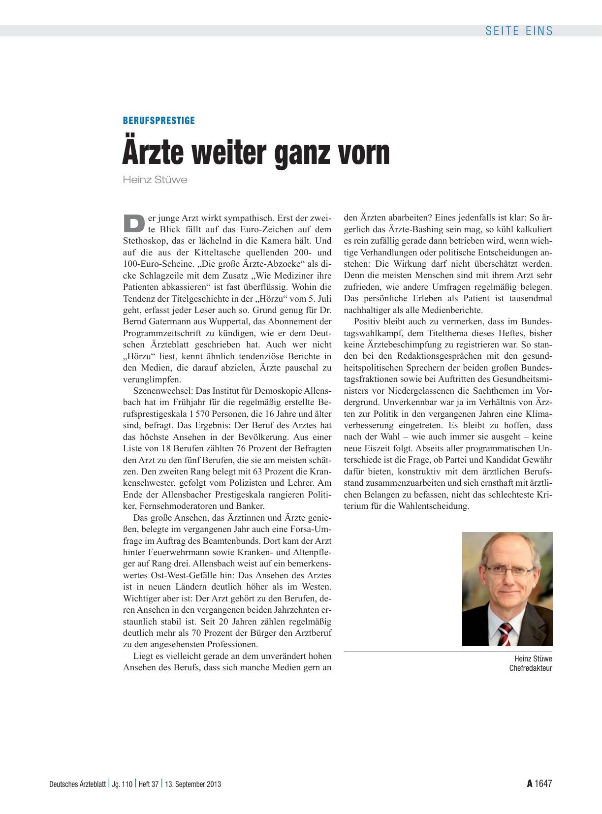 Vorschauseite 1: Berufsprestige: Ärzte weiter ganz vorn