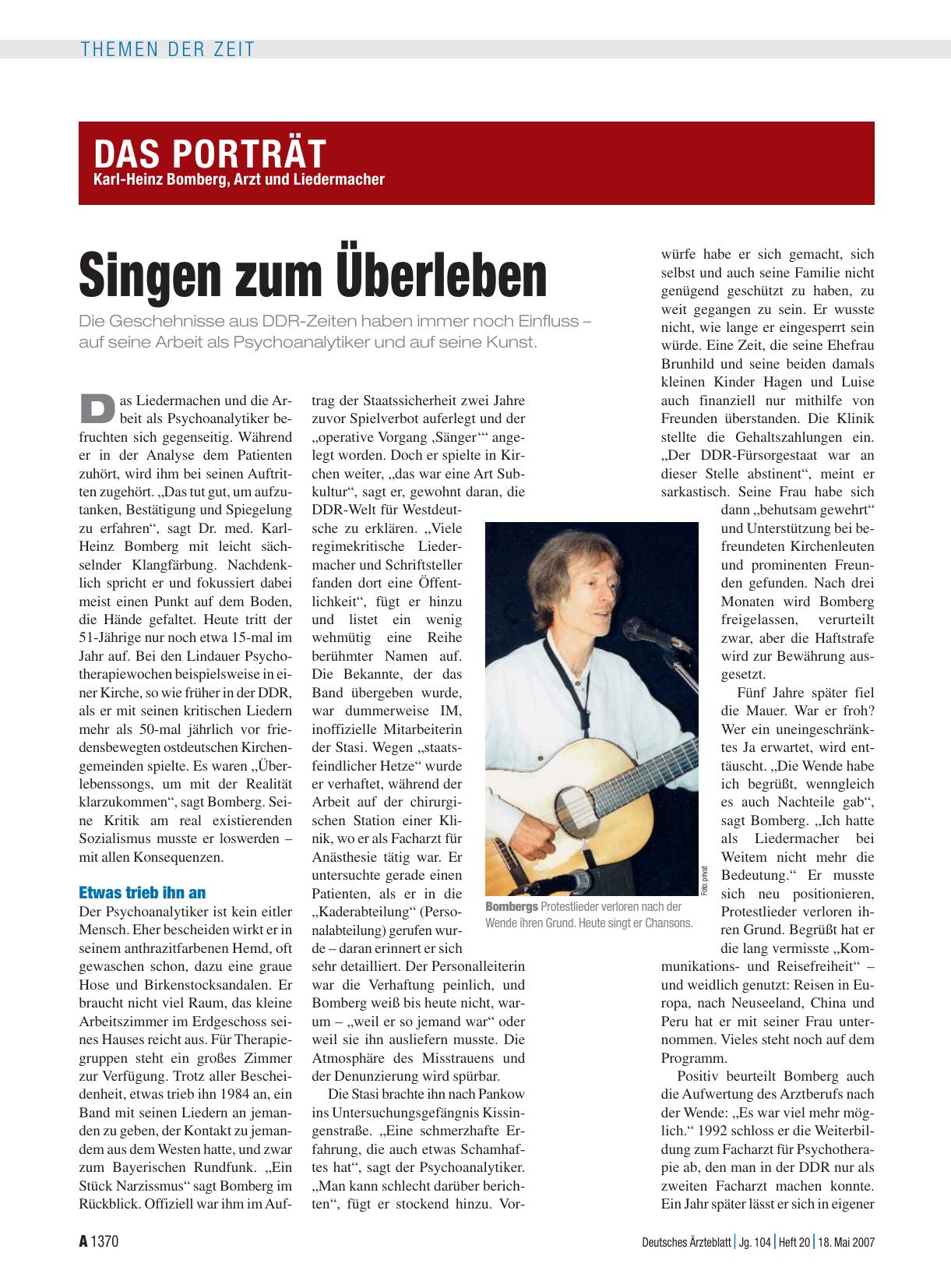 Vorschauseite 1: Das Porträt: Karl-Heinz Bomberg, Arzt und Liedermacher – Singen zum Überleben