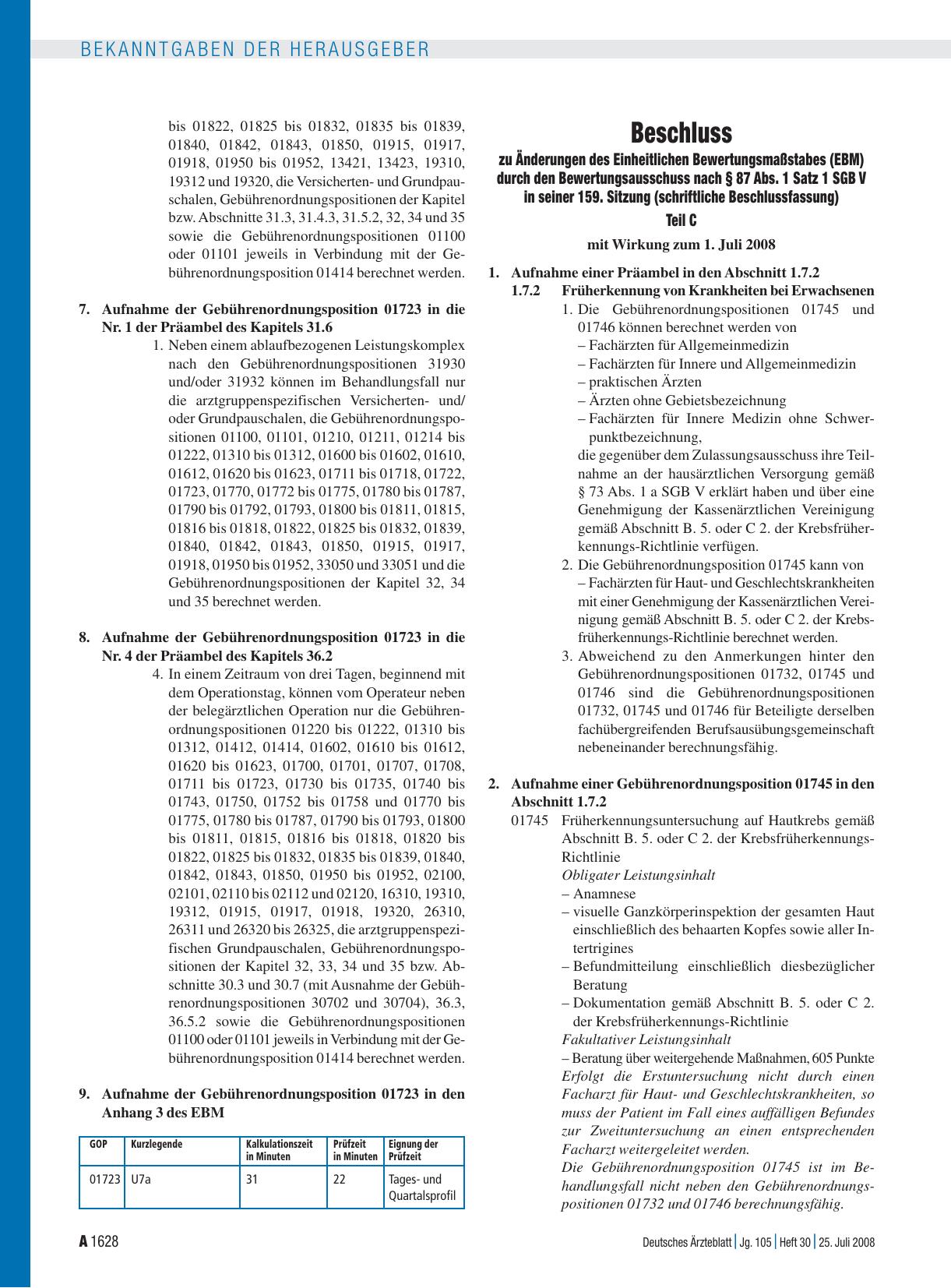 Vorschauseite 1: Beschluss zu Änderungen des Einheitlichen Bewertungsmaßstabes (EBM) durch den Bewertungsausschuss nach § 87 Abs. 1 Satz 1 SGB V in seiner 159. Sitzung (schriftliche Beschlussfassu…