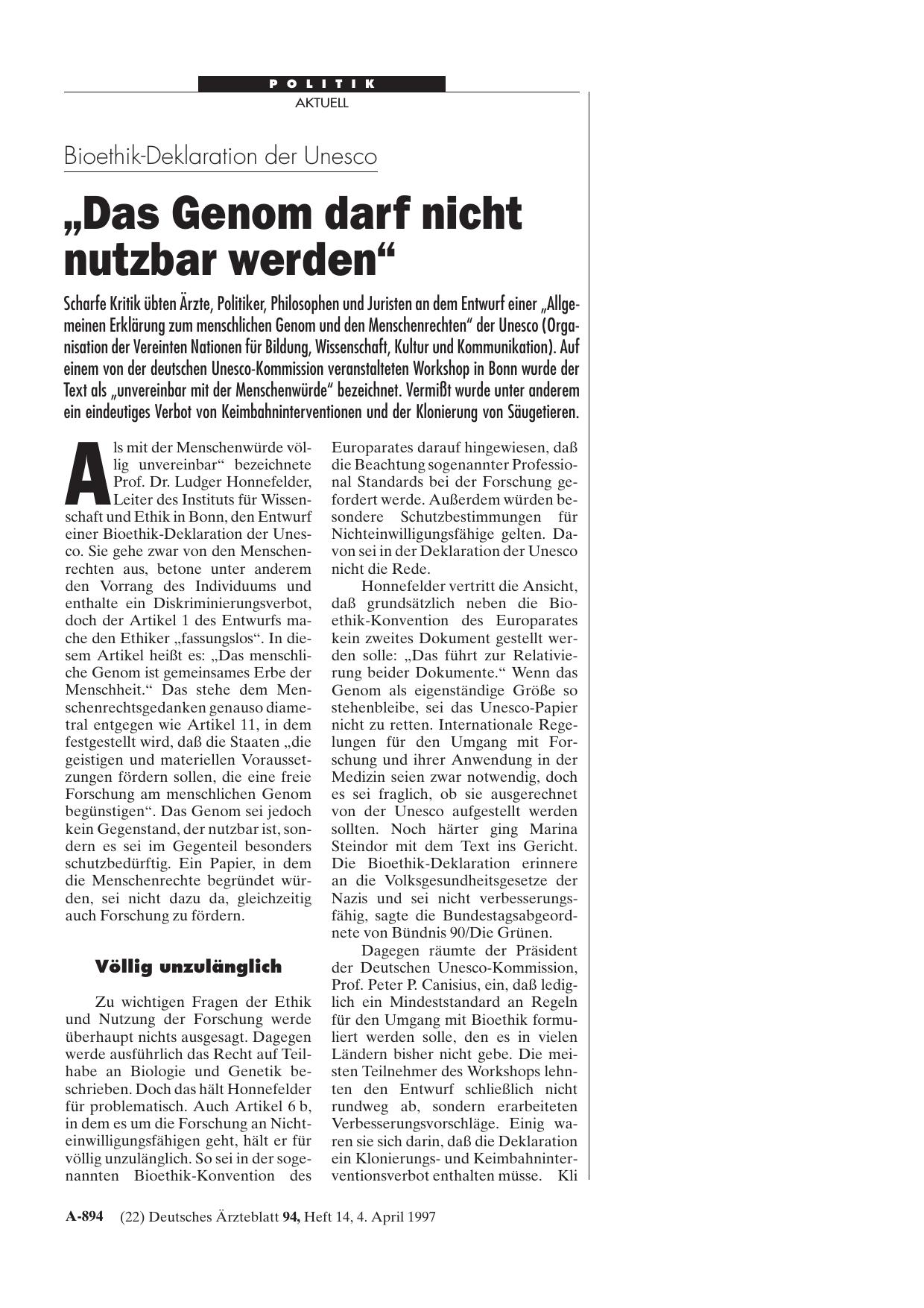 Vorschauseite 1: Bioethik-Deklaration der Unesco: „Das Genom darf nicht nutzbar werden“