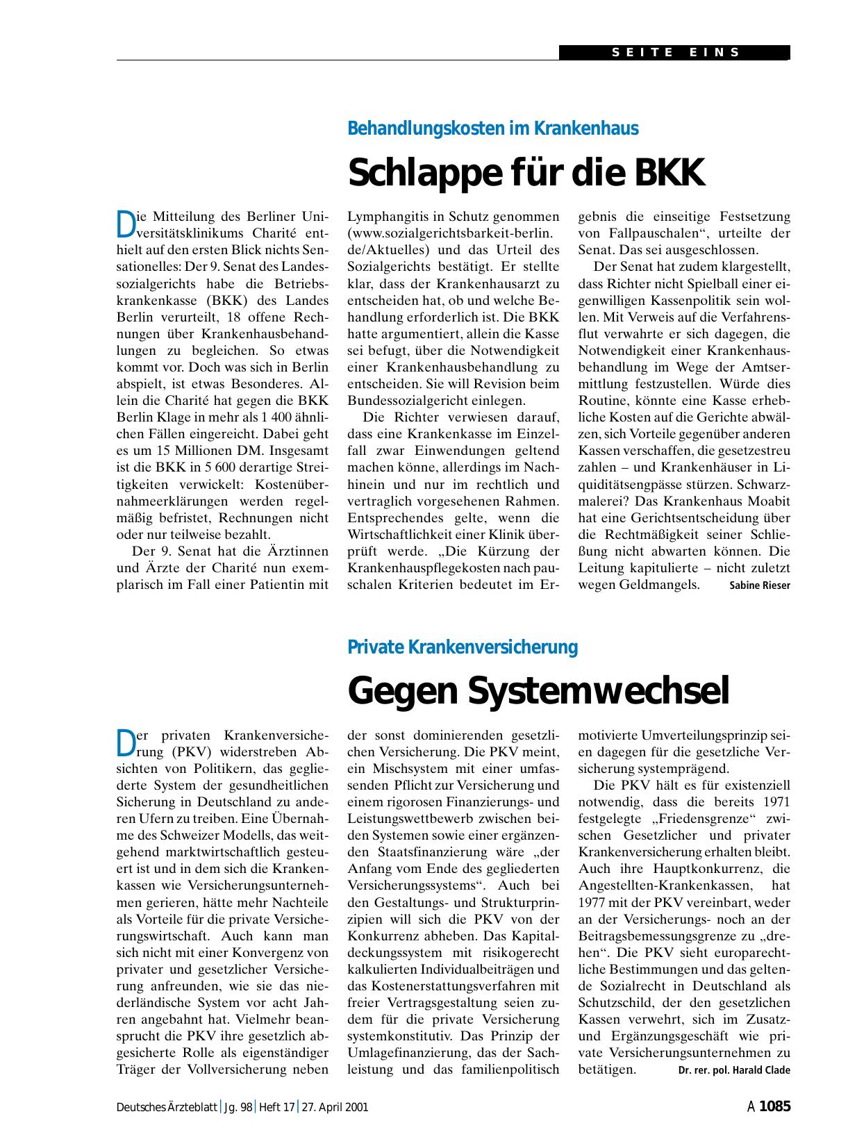 Vorschauseite 1: Private Krankenversicherung: Gegen Systemwechsel
