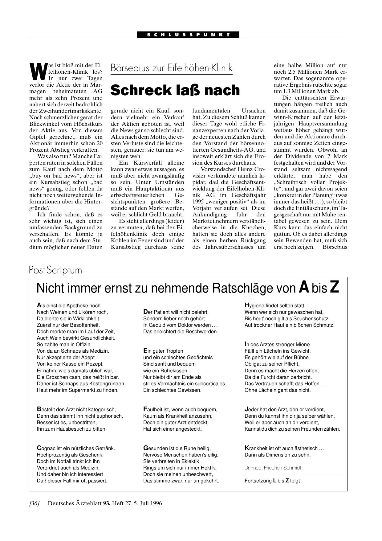 Vorschauseite 1: Börsebius zur Eifelhöhen-Klinik: Schreck laß nach