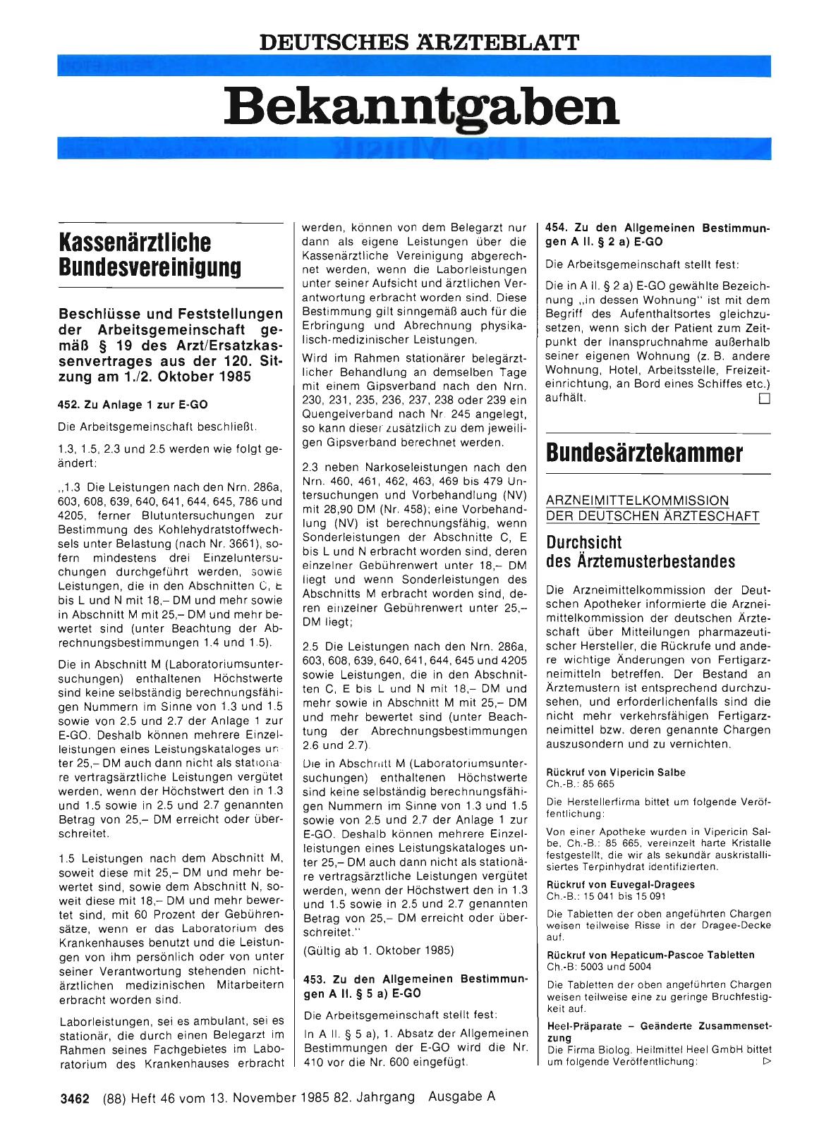 Vorschauseite 1: Beschlüsse und Feststellungen der Arbeitsgemeinschaft gemäß § 19 des Arzt/Ersatzkassenvertrages aus der 120. Sitzung am 1. /2. Oktober 1985
