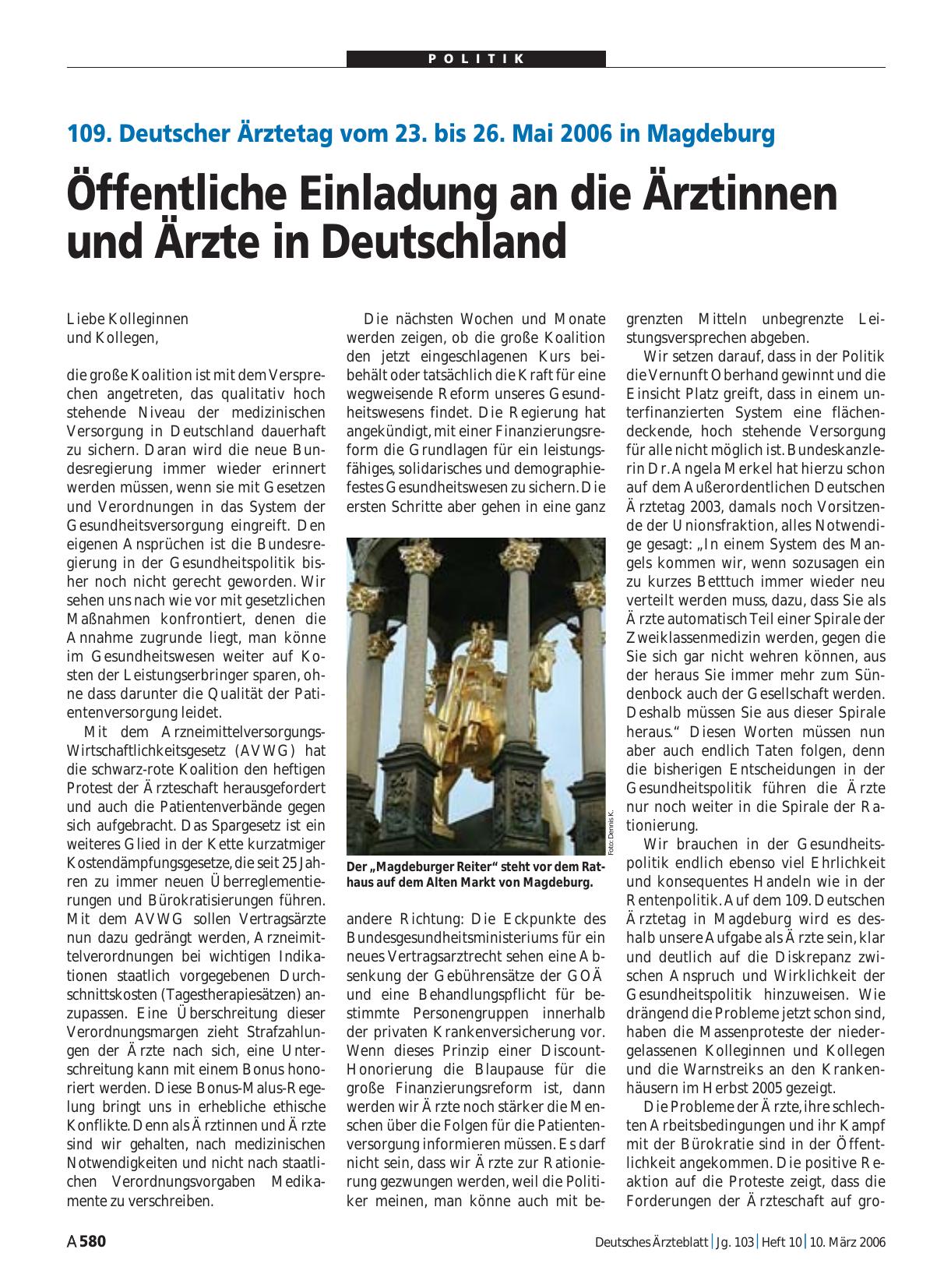 Vorschauseite 1: 109. Deutscher Ärztetag vom 23. bis 26. Mai 2006 in Magdeburg: Öffentliche Einladung an die Ärztinnen und Ärzte in Deutschland