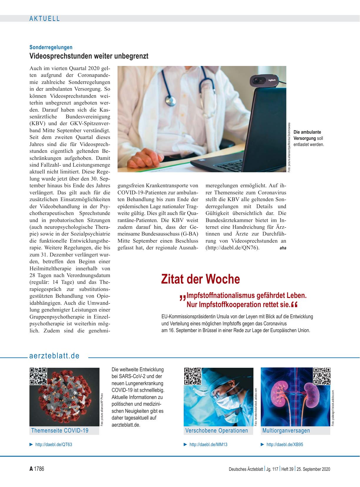Vorschauseite 1: Sonderregelungen: Videosprechstunden weiter unbegrenzt