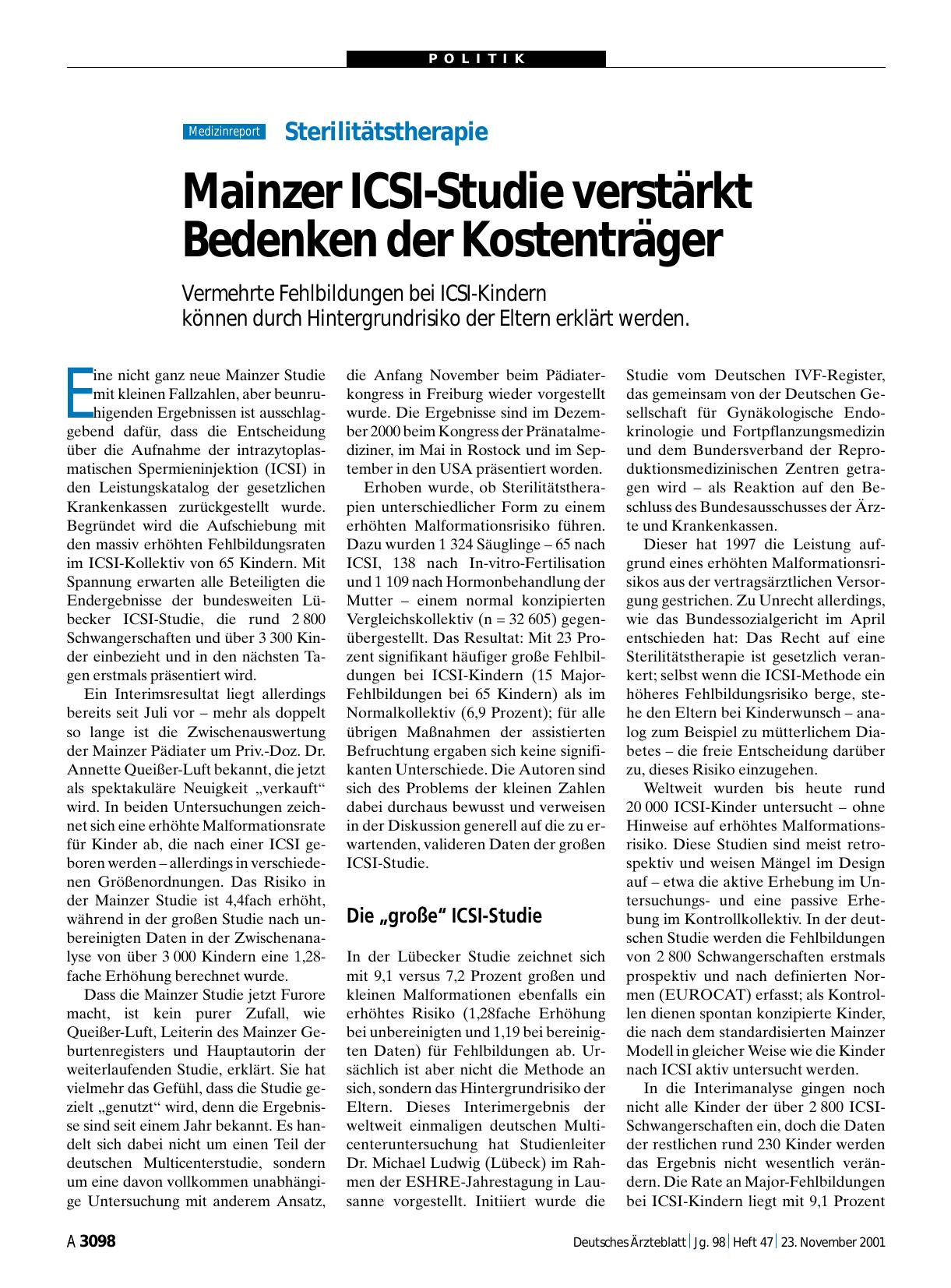 Vorschauseite 1: Sterilitätstherapie: Mainzer ICSI-Studie verstärkt Bedenken der Kostenträger