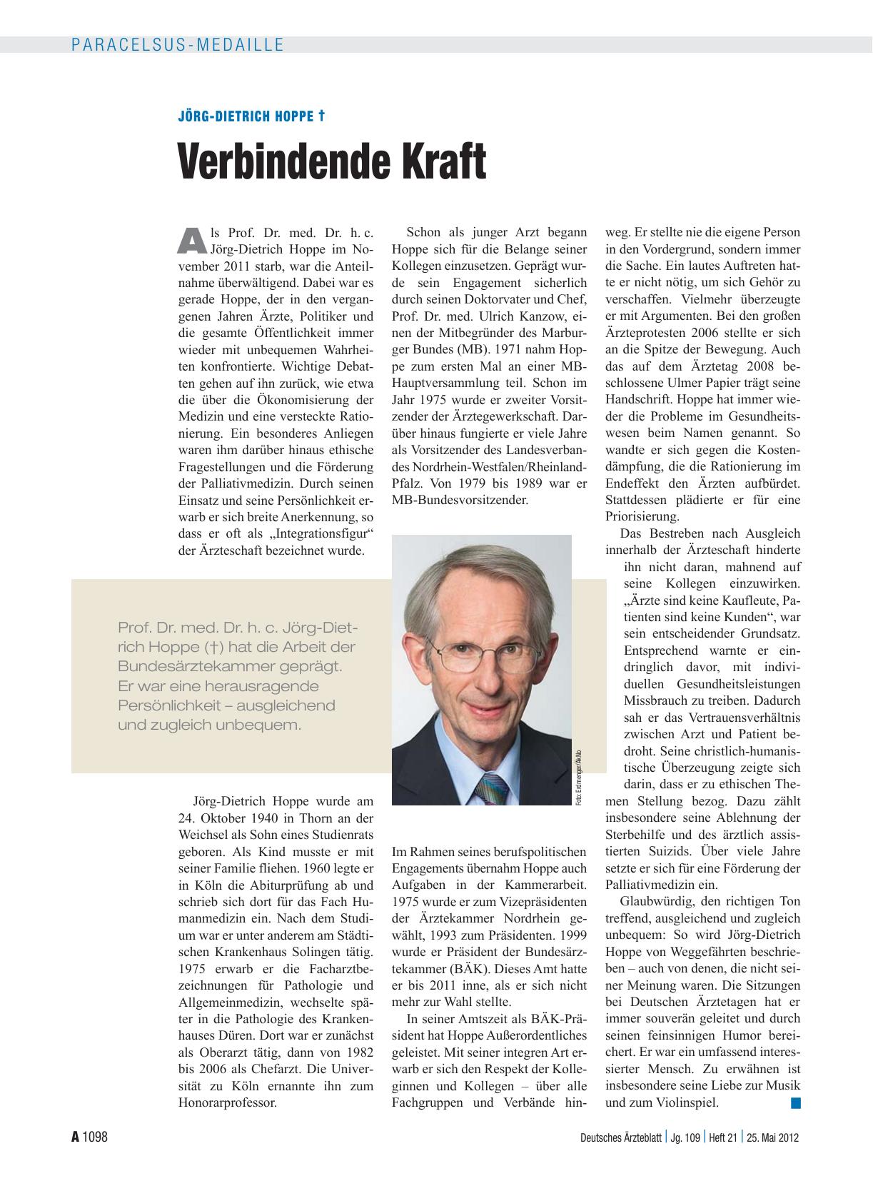 Vorschauseite 1: Jörg-Dietrich Hoppe †: Verbindende Kraft