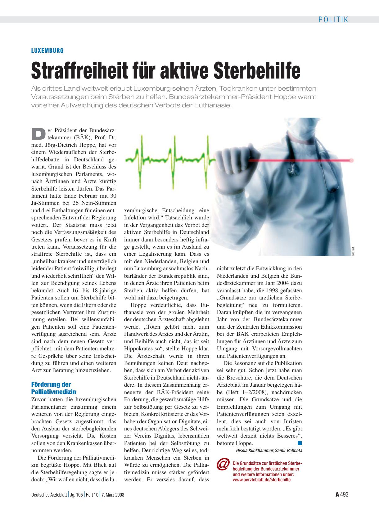 Vorschauseite 1: Luxemburg: Straffreiheit für aktive Sterbehilfe
