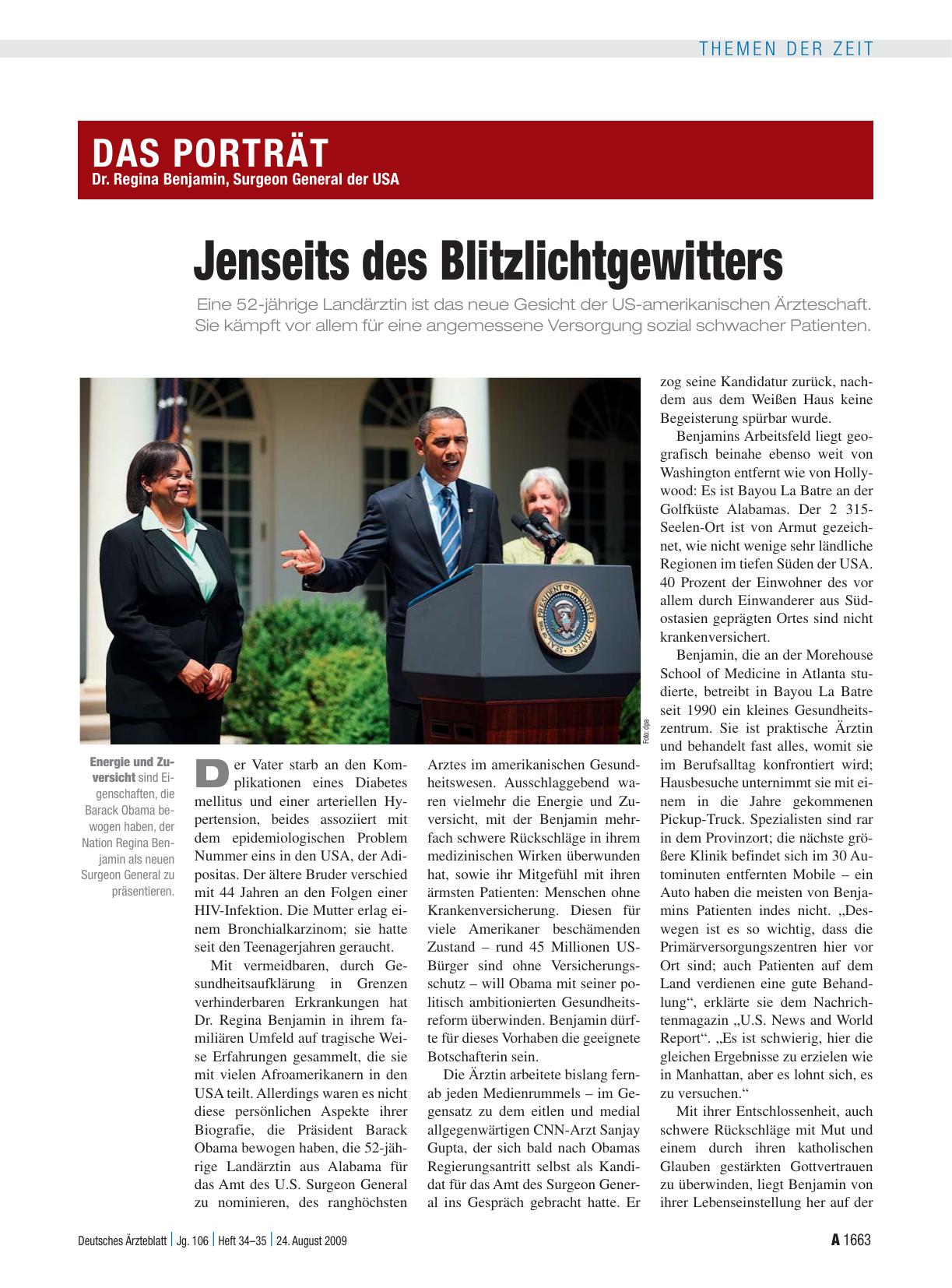 Vorschauseite 1: Dr. Regina Benjamin, Surgeon General der USA: Jenseits des Blitzlichtgewitters