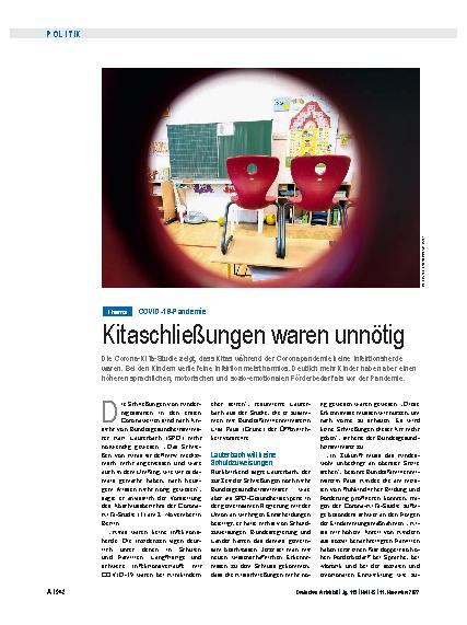 Vorschauseite 1: COVID-19-Pandemie: Kitaschließungen waren unnötig