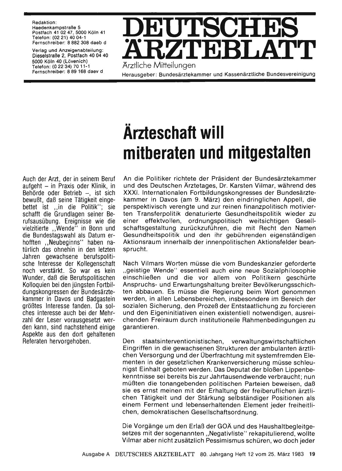 Vorschauseite 1: Ärzteschaft will mitberaten und mitgestalten