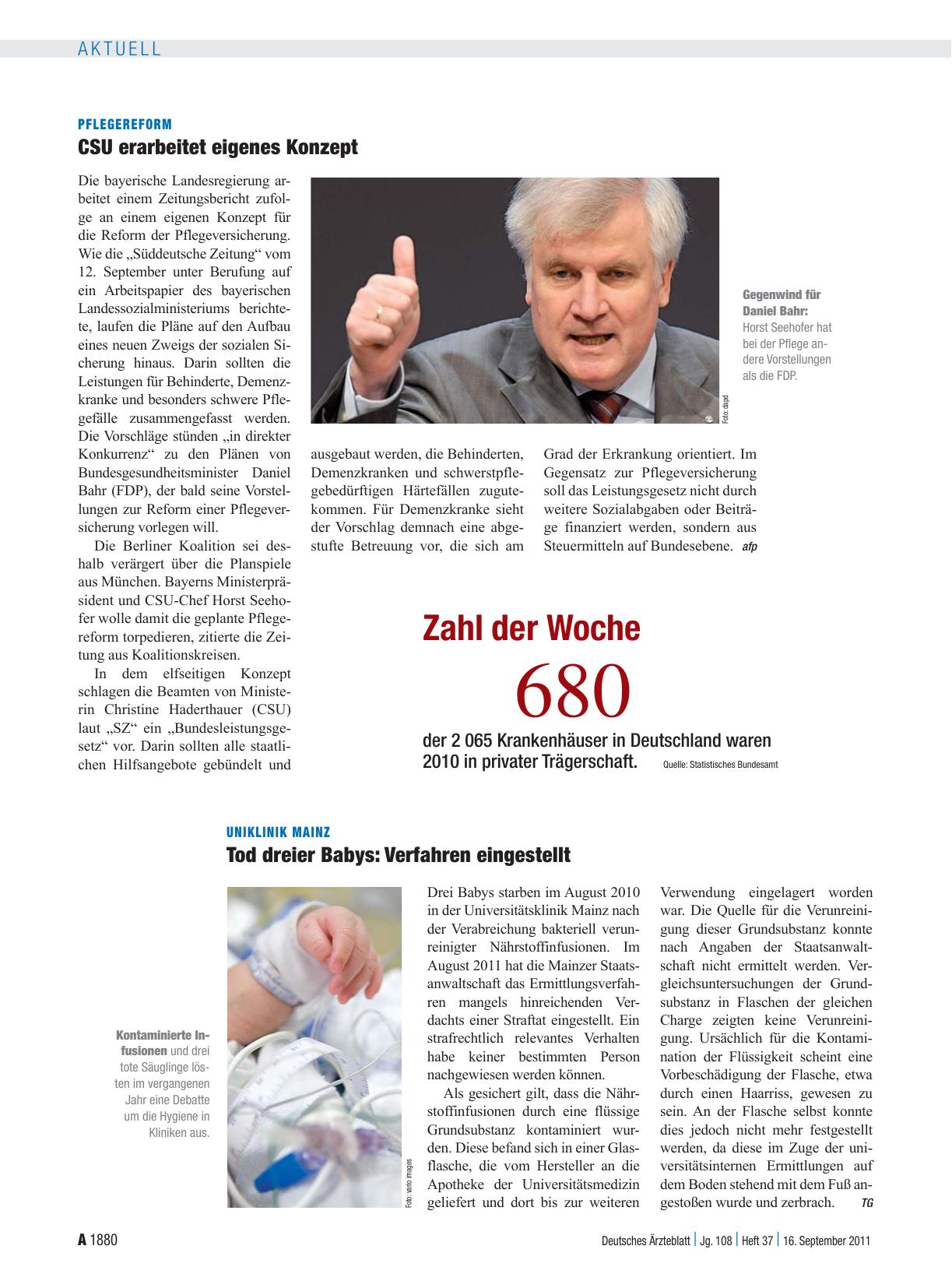 Vorschauseite 1: Pflegereform: CSU erarbeitet eigenes Konzept