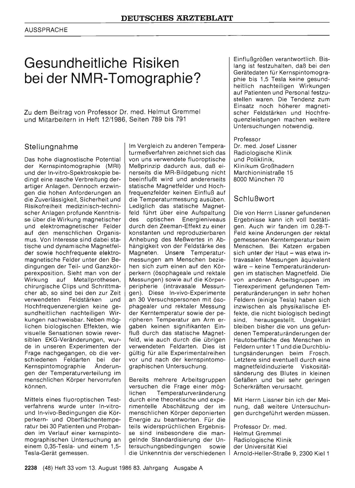Vorschauseite 1: Gesundheitliche Risiken bei der NMR-Tomographie? : Stellungnahme