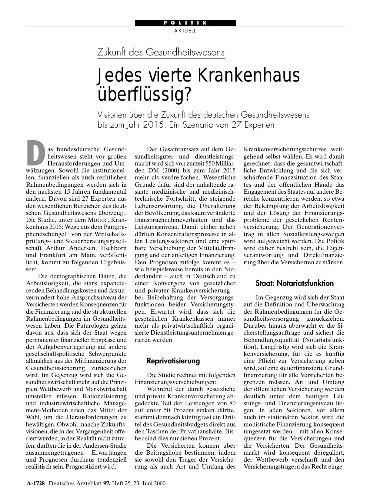 Vorschauseite 1: Zukunft des Gesundheitswesens: Jedes vierte Krankenhaus überflüssig?