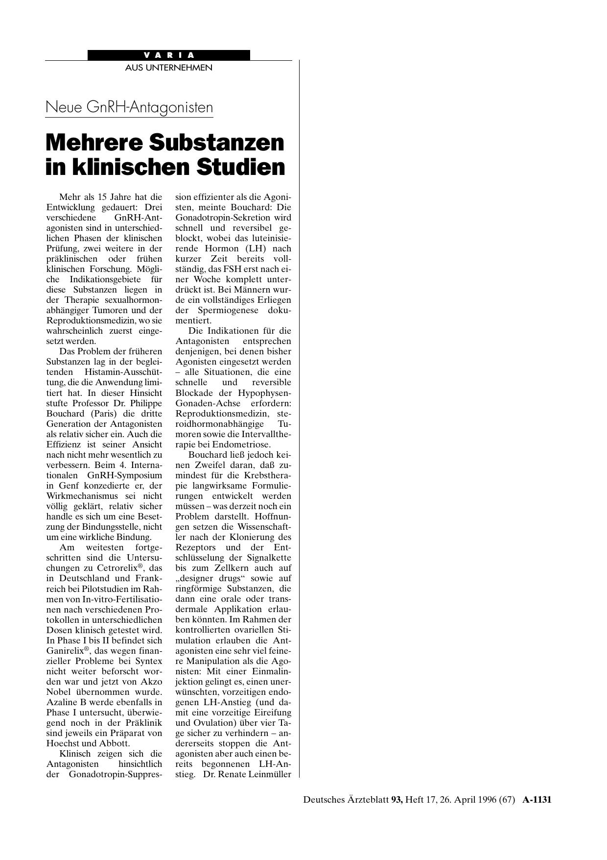 Vorschauseite 1: Neue GnRH-Antagonisten: Mehrere Substanzen in klinischen Studien