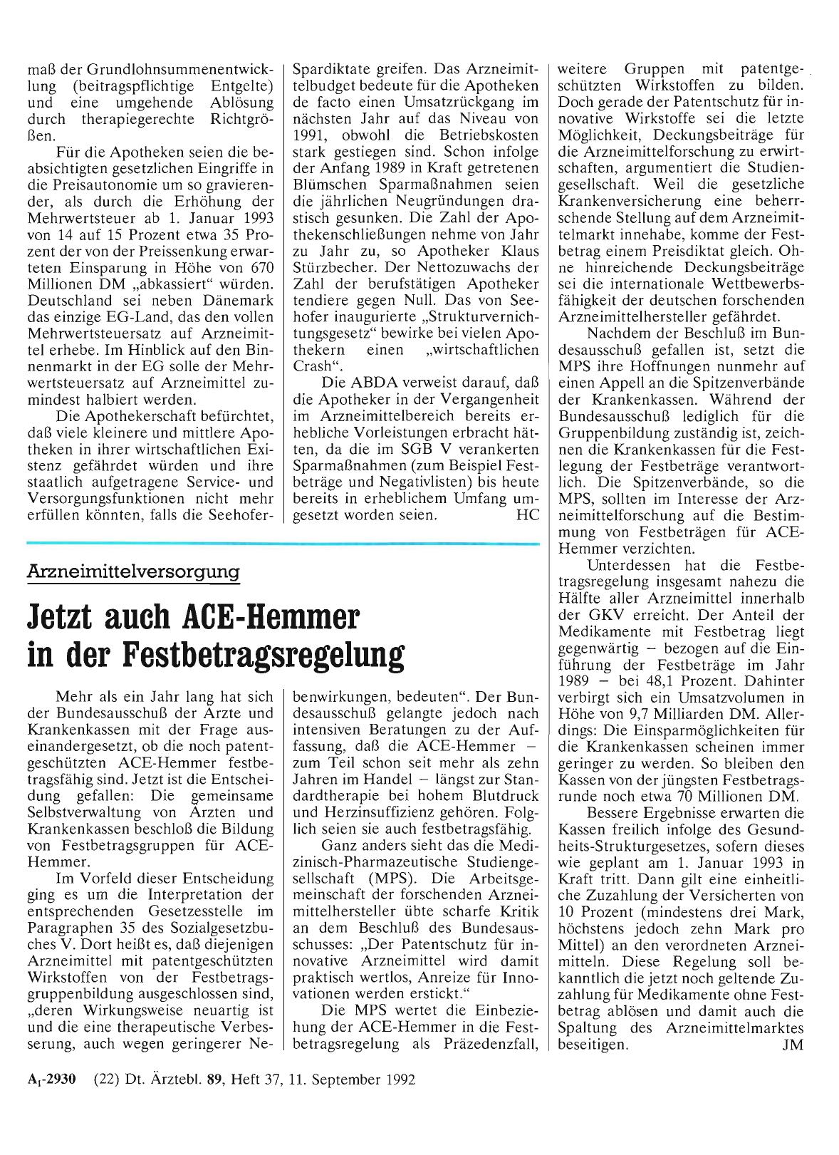 Vorschauseite 1: Arzneimittelversorgung: Jetzt auch ACE-Hemmer in der Festbetragsregelung