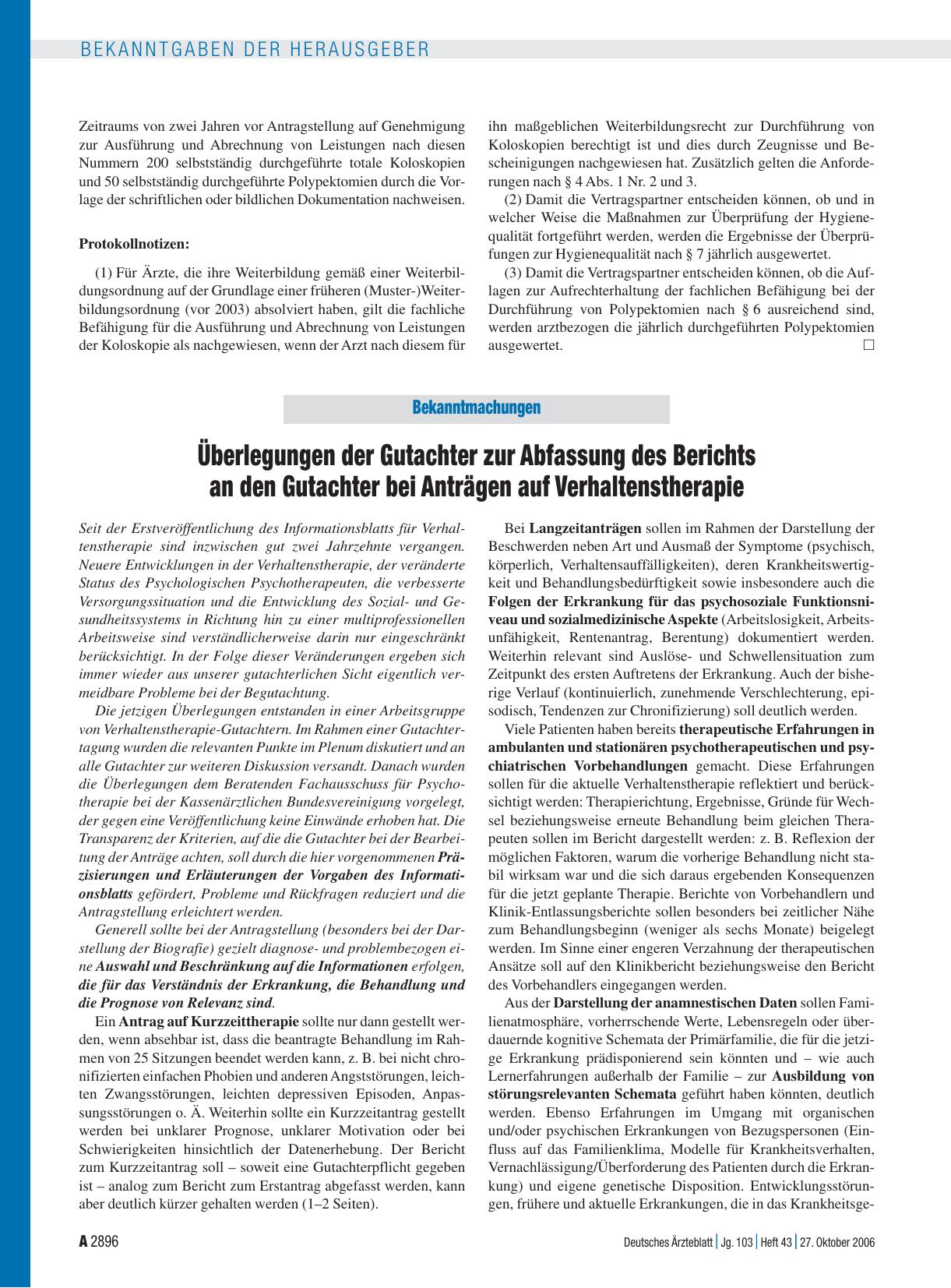 Vorschauseite 1: Bekanntmachungen: Überlegungen der Gutachter zur Abfassung des Berichts an den Gutachter bei Anträgen auf Verhaltenstherapie