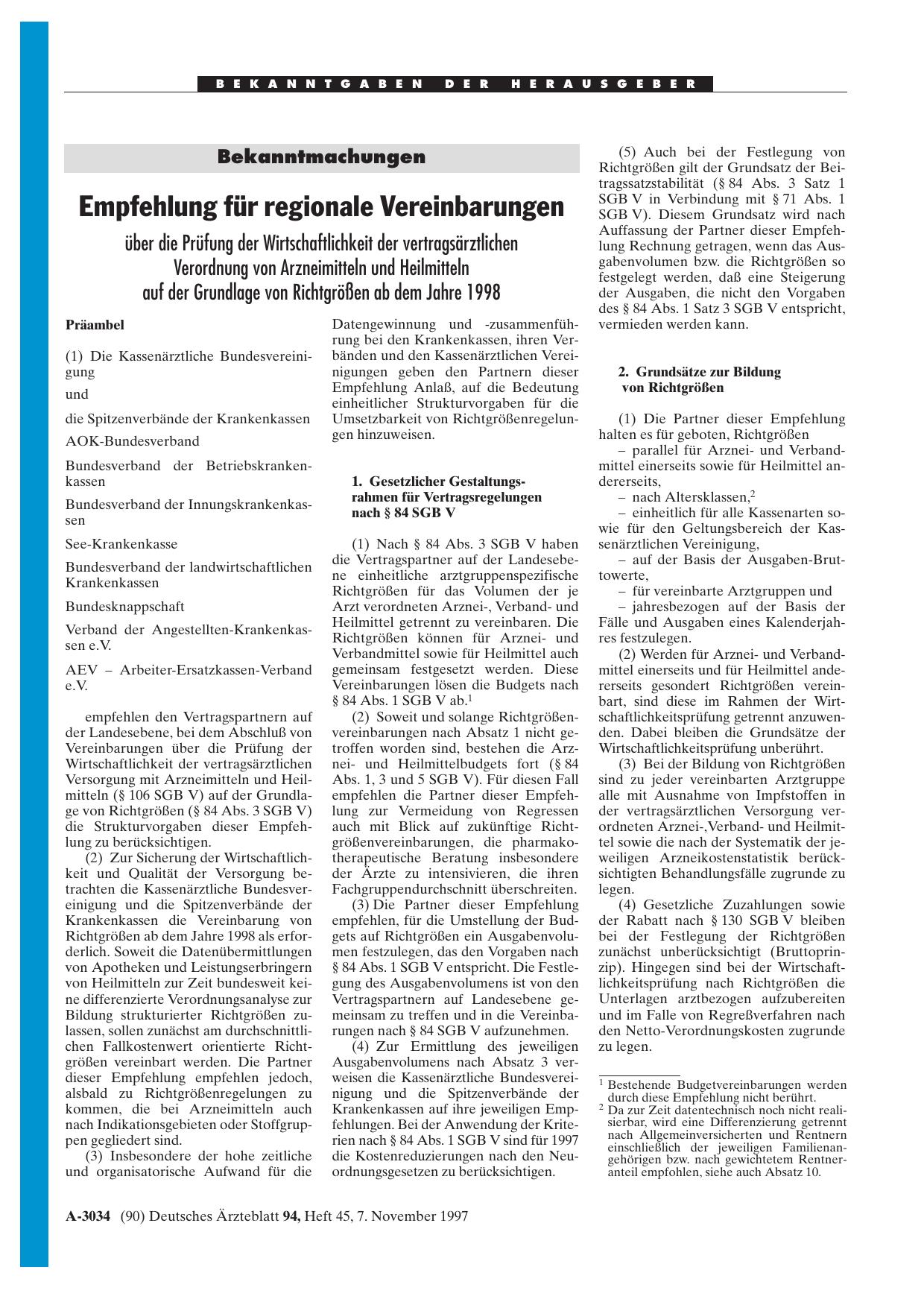 Vorschauseite 1: Bekanntmachungen: Empfehlung für regionale Vereinbarungen über die Prüfung der Wirtschaftlichkeit der vertragsärztlichen Verordnung von Arzneimitteln und Heilmitteln auf der Grund…