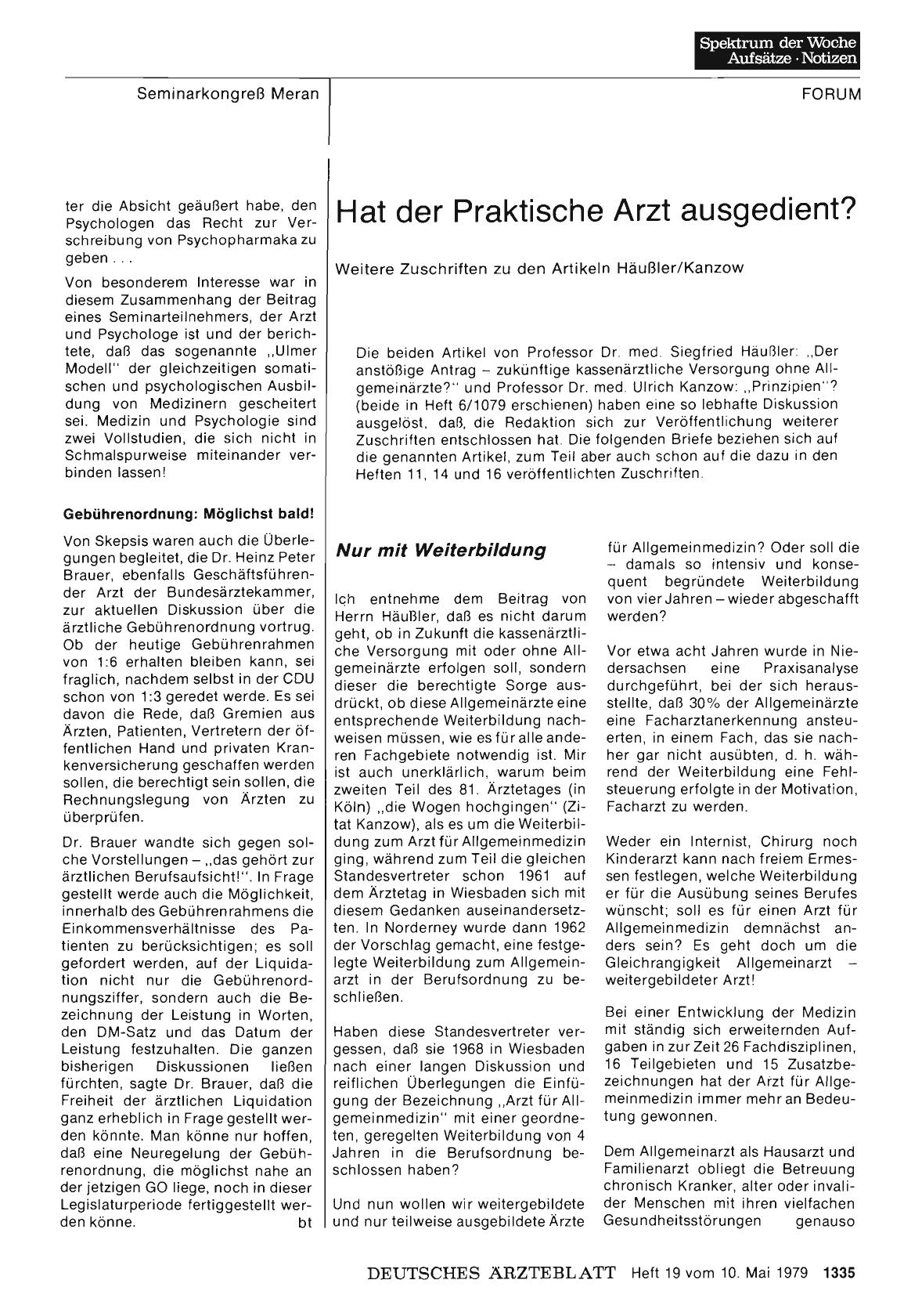 Vorschauseite 1: Hat der Praktische Arzt ausgedient? Weitere Zuschriften zu den Artikeln Häußler/Kanzow