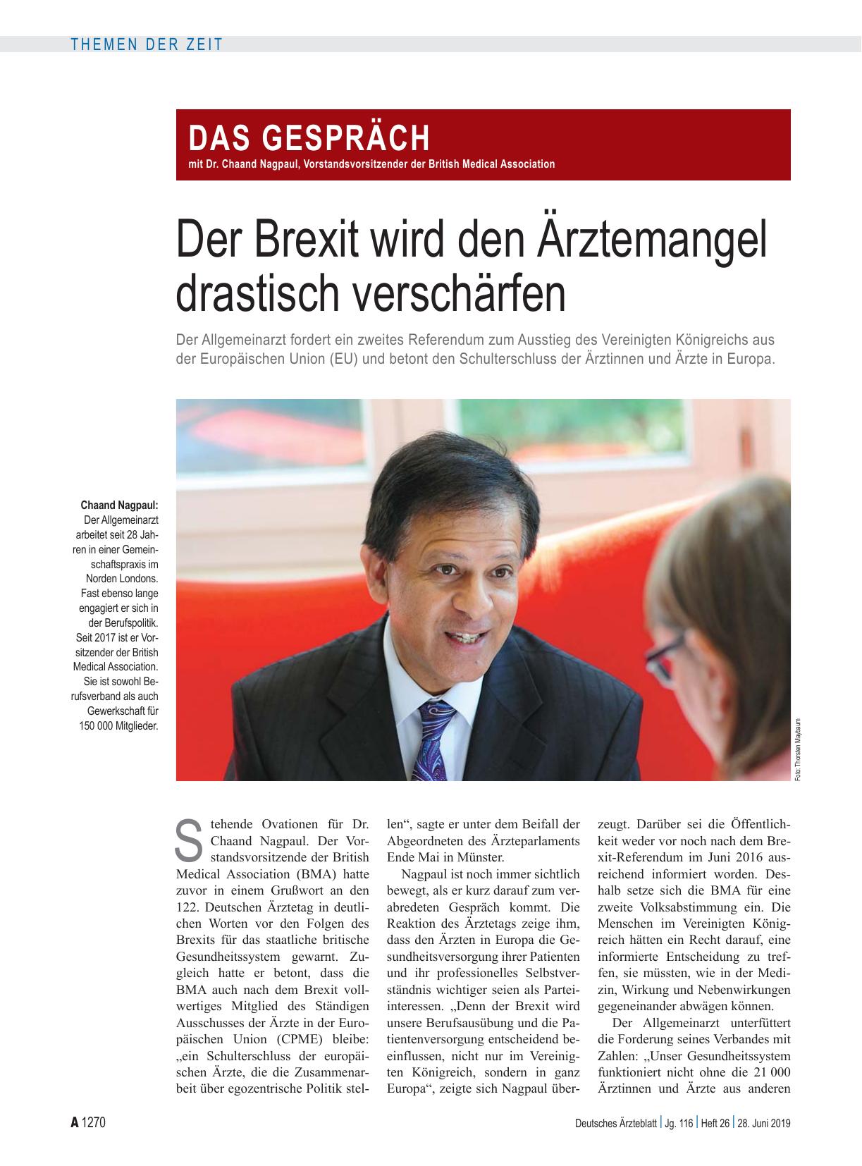 Vorschauseite 1: Das Gespräch mit Dr. Chaand Nagpaul, Vorstandsvorsitzender der British Medical Association: Der Brexit wird den Ärztemangel drastisch verschärfen